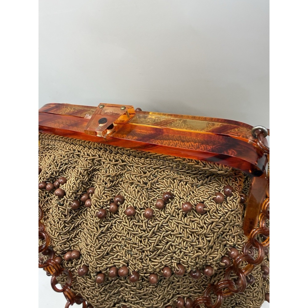 Vtg Oval Box Purse Beaded Handbag With Tortoise Lucite/Bakelite? Early Plastic - Picture 10 of 10
